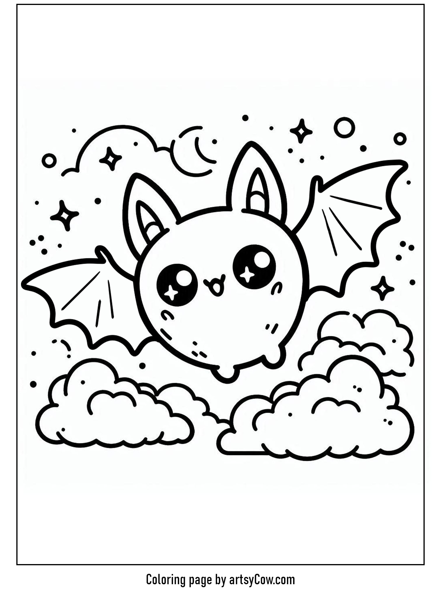 halloween coloring pages with bats, featuring a cute bat flying on a misty night surrounded by clouds and stars.